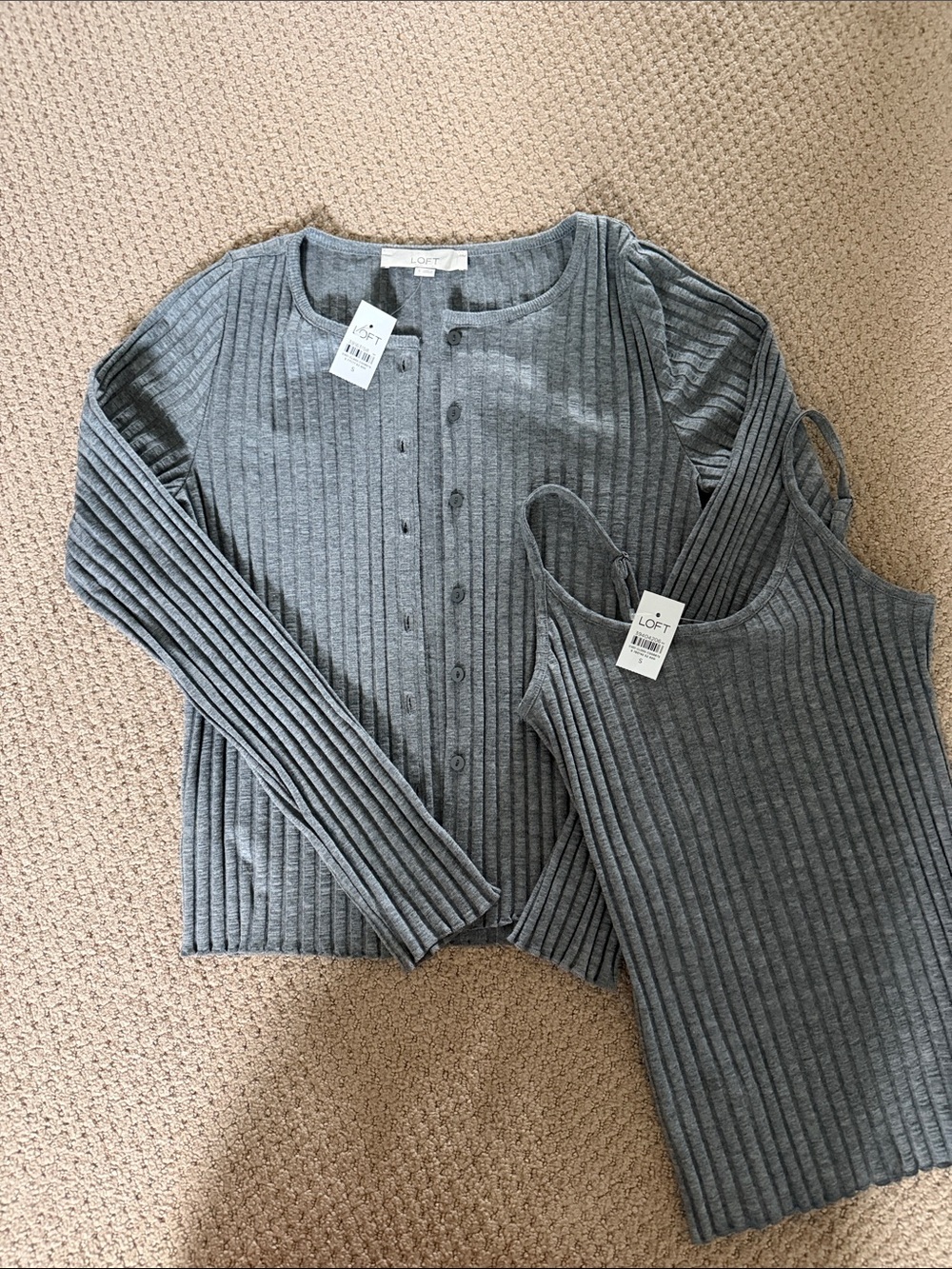 LOFT Gray Ribbed Cardigan & Matching Tank Set